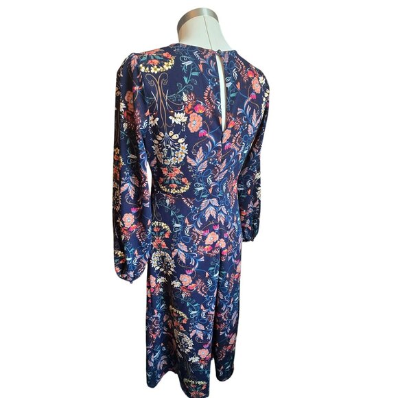 Blue Floral Dress Long Sleeve Navy & Multicolor Maxi Size L I. Madeline jj3739 - Picture 4 of 14